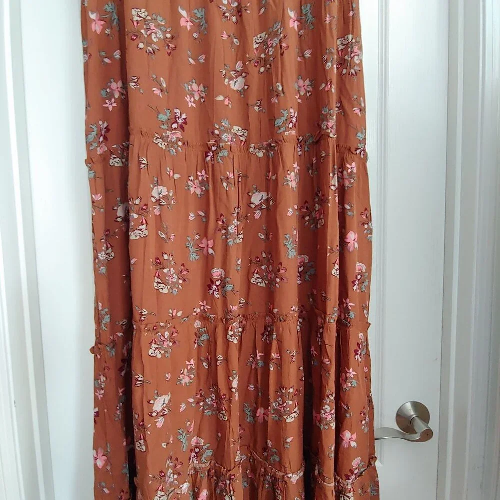 Natural Life Brown Floral Tiered Granola Soft Girl Square Neck Cottage Dress L - Picture 11 of 14